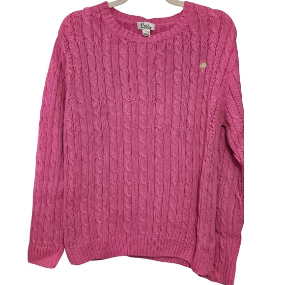 Lilly Pulitzer Lg Pink Cable Knit Cotton Blend Crew Neck Sweater Pullover #302 - Picture 1 of 6
